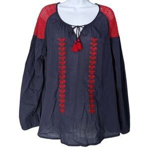 Roberta Roller Rabbit Heart Embroidered Peasant Blouse Women's L Crochet Boho
